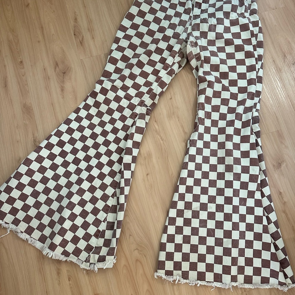 We The Free Brown and Cream Checkered Flare Jeans